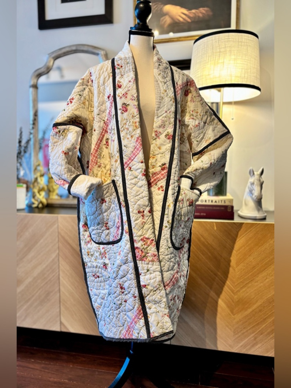 💗SOLD💗 HANDMADE Quilted Floral and Patchwork Long Coat in Cream and Pink O/S - Picture 15 of 16